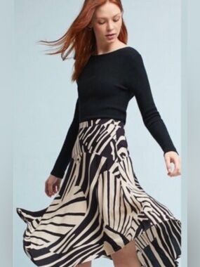 ANTHROPOLOGIE MAEVE ABSTRACT STRIPE SAFARI BLACK CREAM WHITE FLARE SKIRT